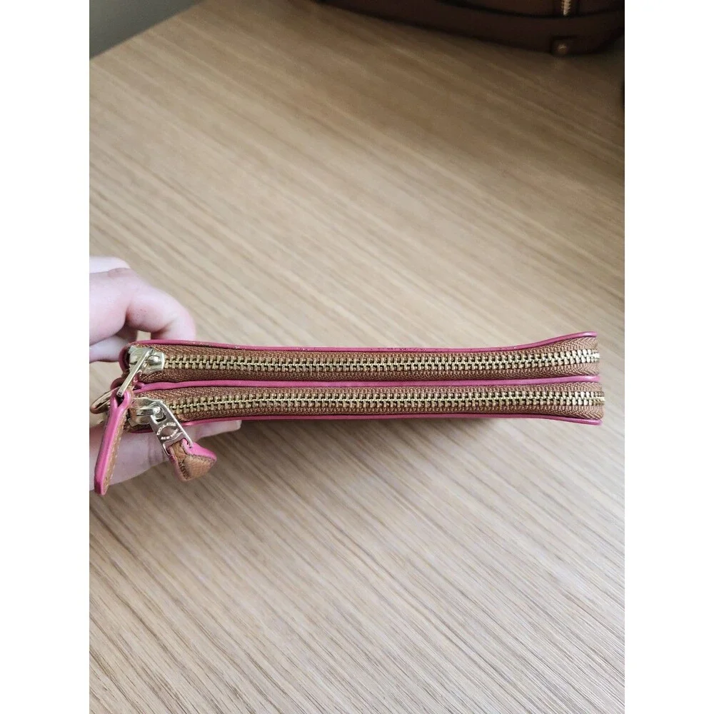Coach Double Corner Zip Wristlet in Saddle Brown Crossgrain Leather & Pink Trim